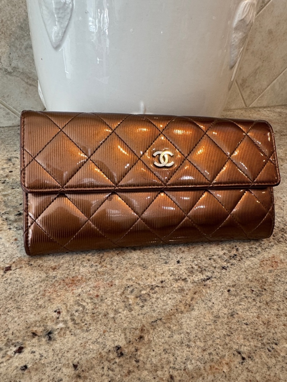 CHANEL Quilted Patent Leather Continental Wallet - Bronze Brown - Picture 3 of 11